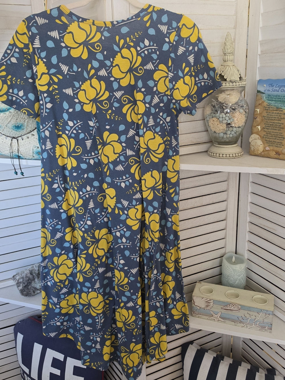 LuLaRoe Carly Dress XS Blue Yellow Floral Swing Pocket Casual Stretch Tunic - Picture 4 of 4
